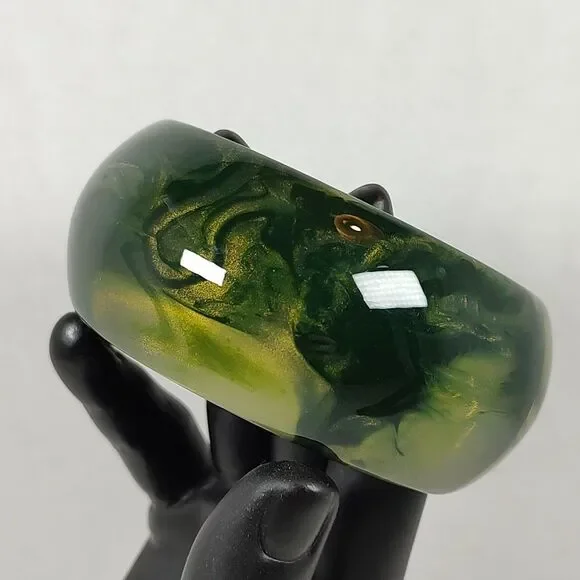 Wide Chunky Glossy Green Marbled Resin Bangle Fashion Statement Bracelet 9" - Picture 14 of 14
